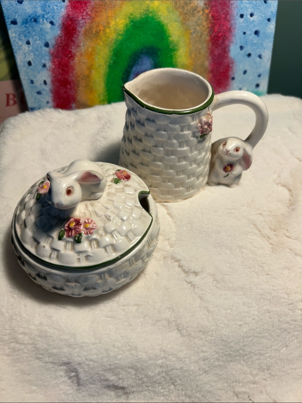 Vintage Avon Bunny Collection Basketweave Sugar and Creamer Set Easter